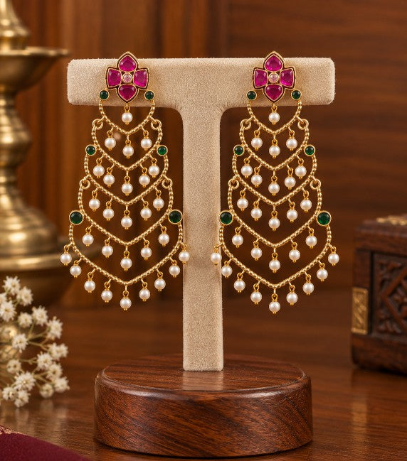Meher Premium Kundan Pearl Cascade Danglers with white pearl drops