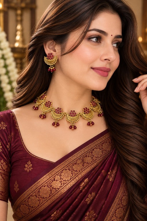 Woman wearing Mehira ruby red paisley necklace set with earrings