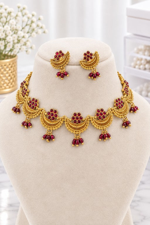 Mehira ruby red paisley necklace set with matching earrings
