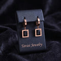 Tavisi midnight frame CZ hoop drop earrings in stainless steel with 18k rose gold anti tarnish finish and black cubic zirconia stones for women