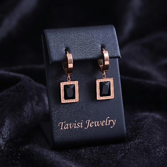 Tavisi midnight frame CZ hoop drop earrings in stainless steel with 18k rose gold anti tarnish finish and black cubic zirconia stones for women