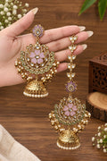 Mrinalika Premium Jewellery Kundan AD Stone floral jhumka earrings with pearl drops and Micro Gold Plating