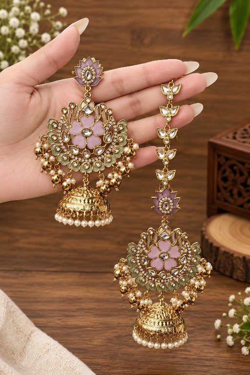 Mrinalika Premium Jewellery Kundan AD Stone floral jhumka earrings with pearl drops and Micro Gold Plating