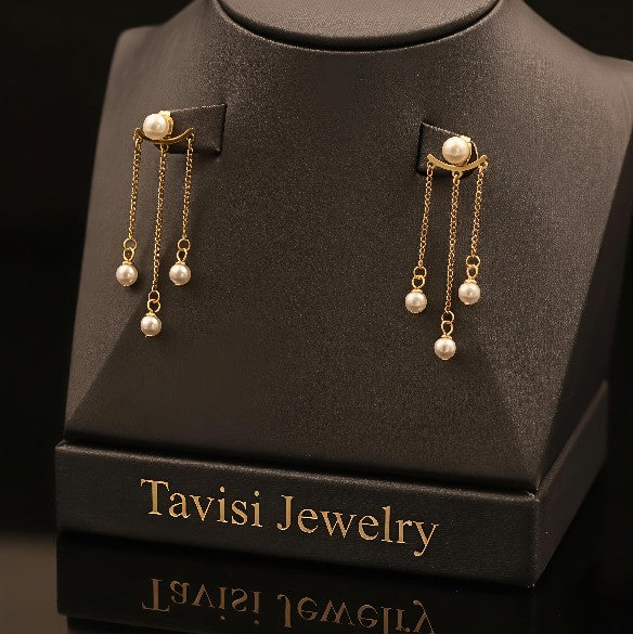 Tavisi multi pearl chain drop earrings with 22k gold plated anti tarnish stainless steel finish for women