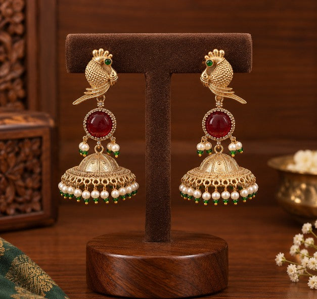 Myra Premium peacock green ruby AD jhumka earrings with pearl detailing