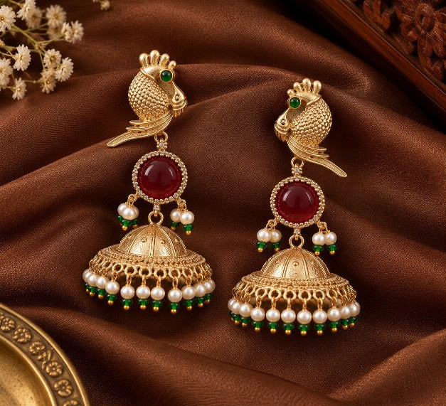 Myra peacock motif green ruby heritage jhumka earrings with gold-tone finish