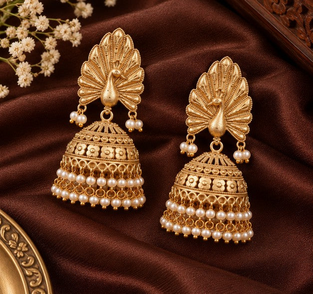 Navika peacock jhumka earrings with artificial stones and white pearls