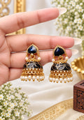 Nayara premium brass blue and black jhumka earrings with pearl drops