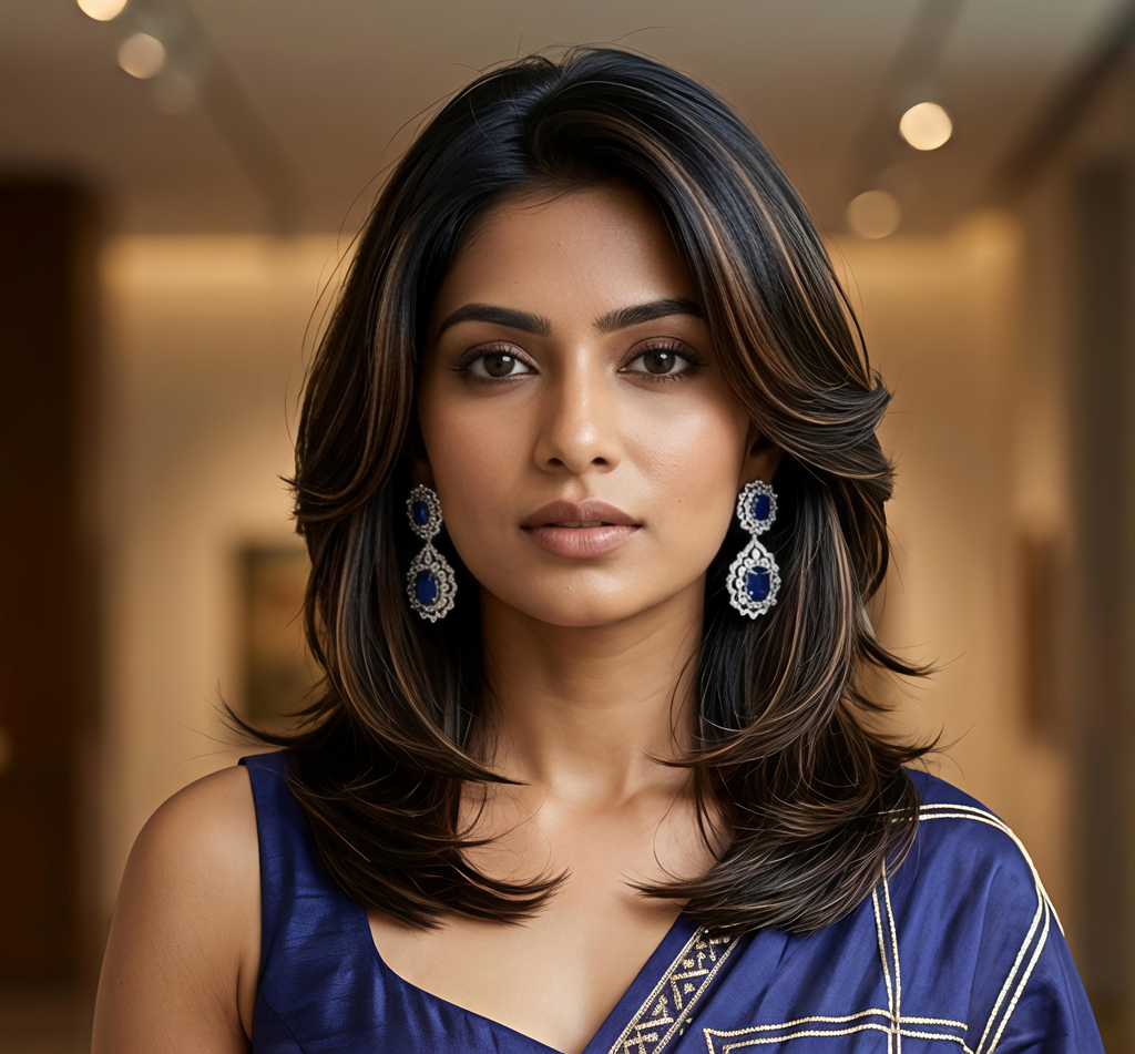 Detailed view of Tavisi Nayra Blue Royale AD Statement Earrings with sparkling American Diamond stones and Victorian-inspired luxury design.