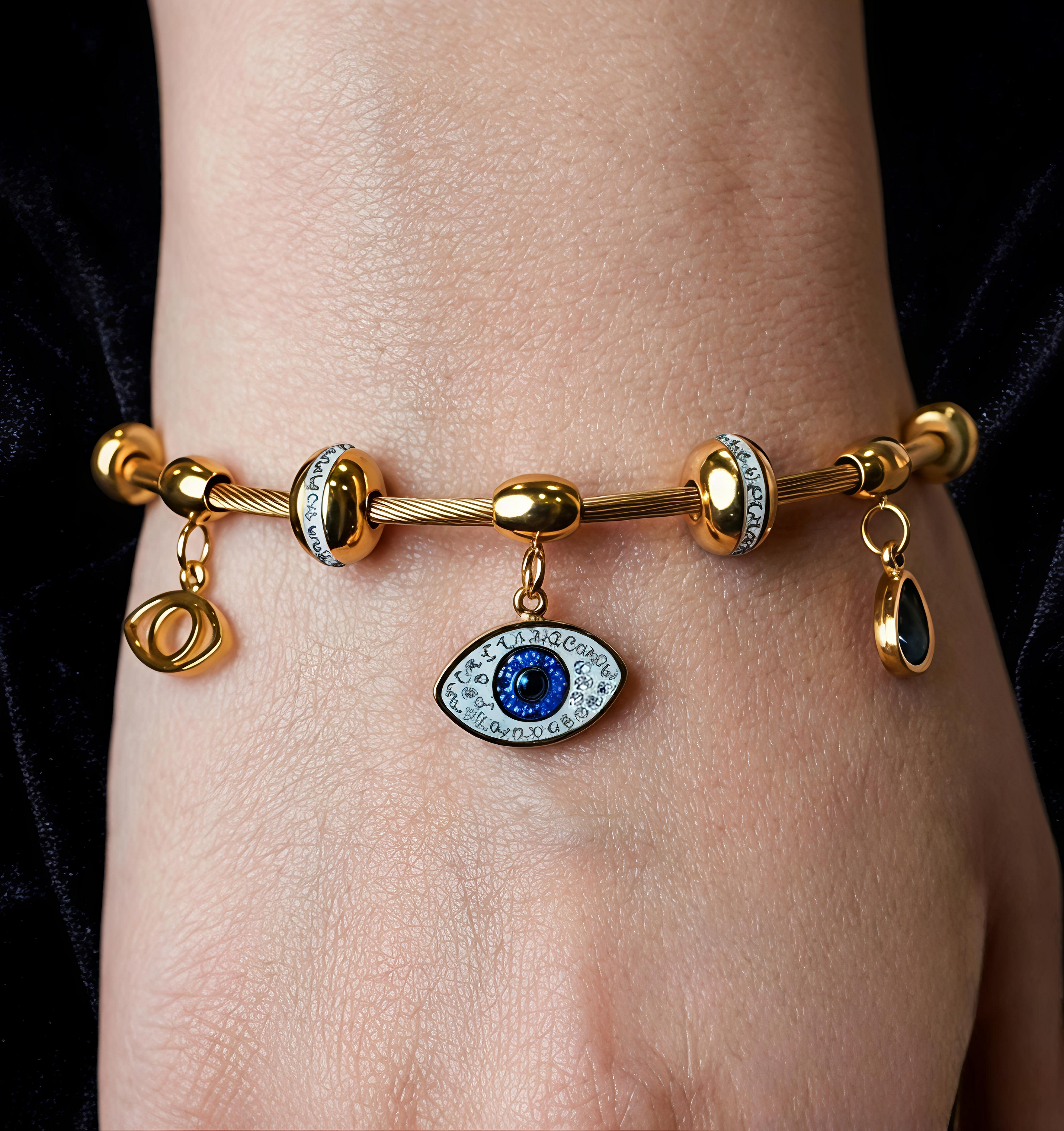 Detailed view of Tavisi Nazar Blue Charm Bracelet showcasing evil eye charm, blue crystal accents and premium anti-tarnish finish.