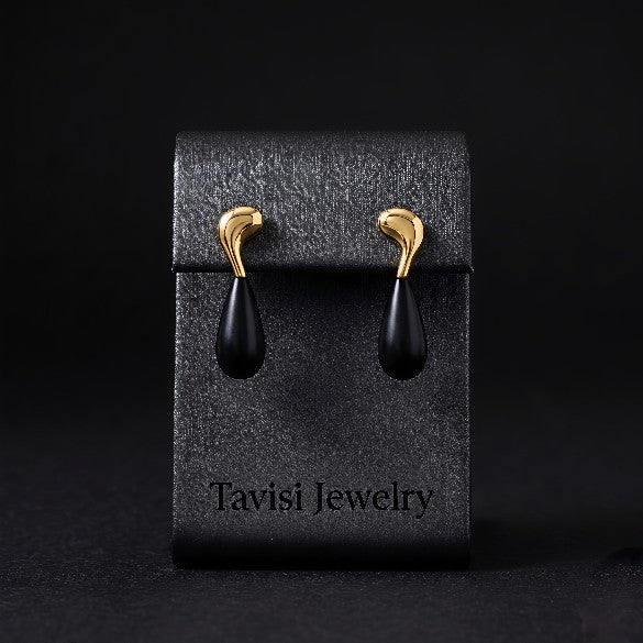 Tavisi Noir drop gold hoop earrings with black accent and 22k gold plated stainless steel finish