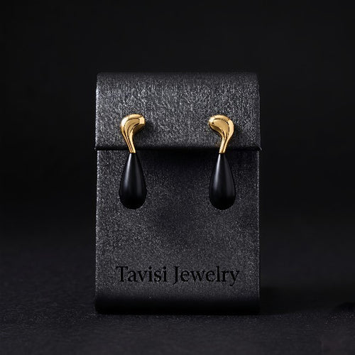 Tavisi Noir drop gold hoop earrings with black accent and 22k gold plated stainless steel finish