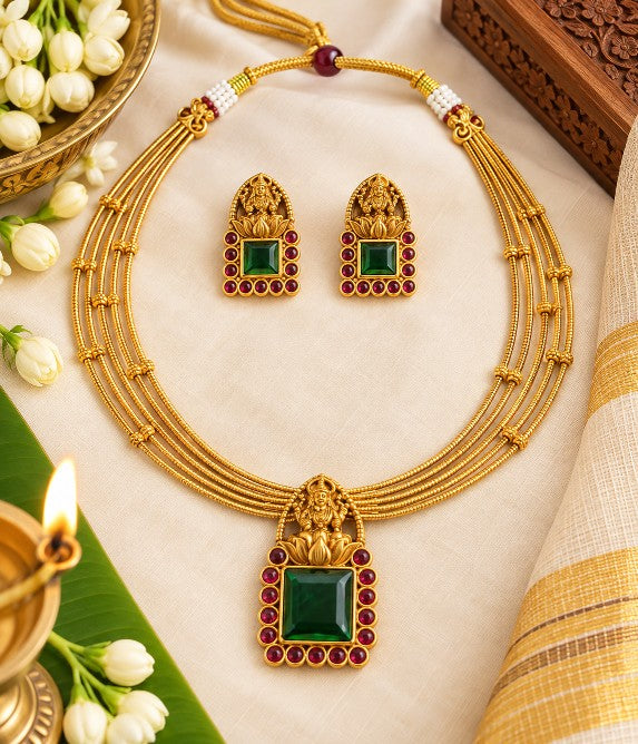Padmalaya Antique Gold Matte pendant necklace with red and green decorative stones