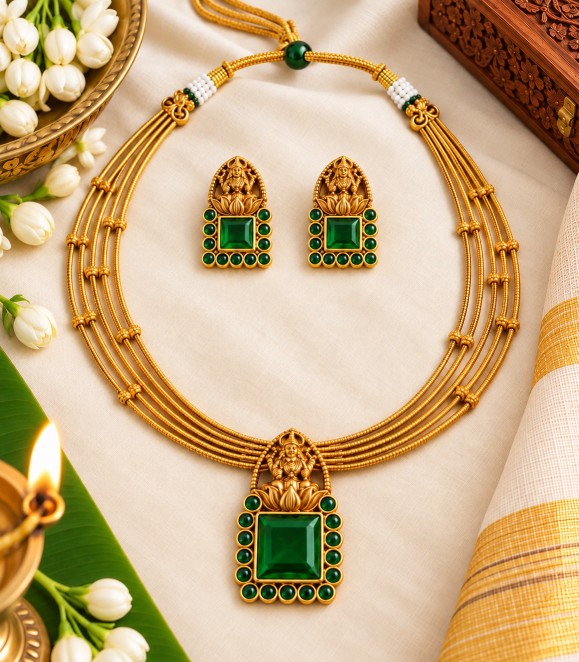 Padmalaya Antique Gold Matte pendant necklace set with matching earrings