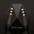Tavisi pearl chain tassel drop earrings with 22k gold plated anti tarnish stainless steel finish for women