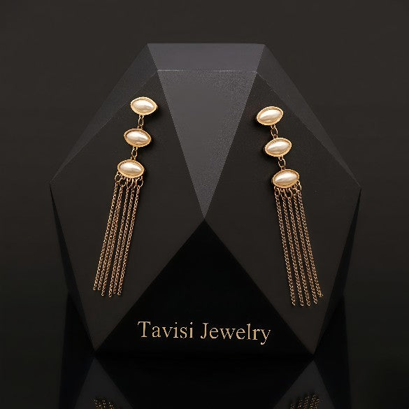 Tavisi pearl chain tassel drop earrings with 22k gold plated anti tarnish stainless steel finish for women