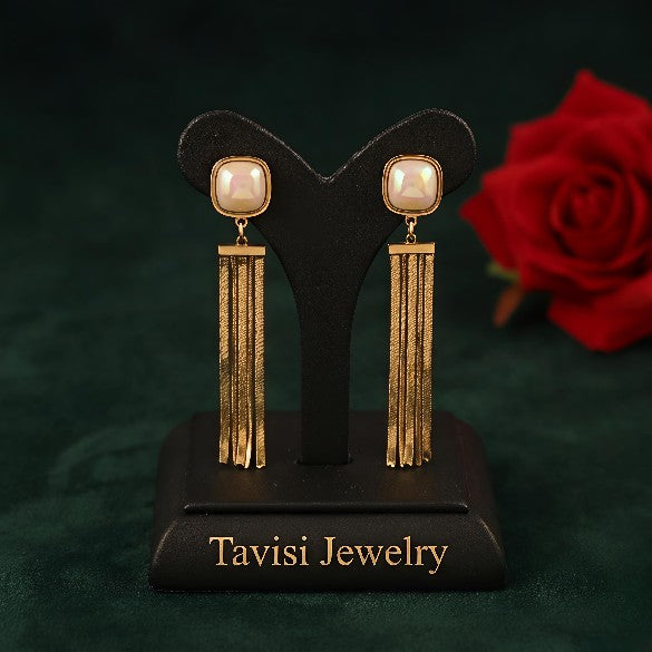 Tavisi pearl top tassel drop earrings in stainless steel with 22k gold anti tarnish finish for women