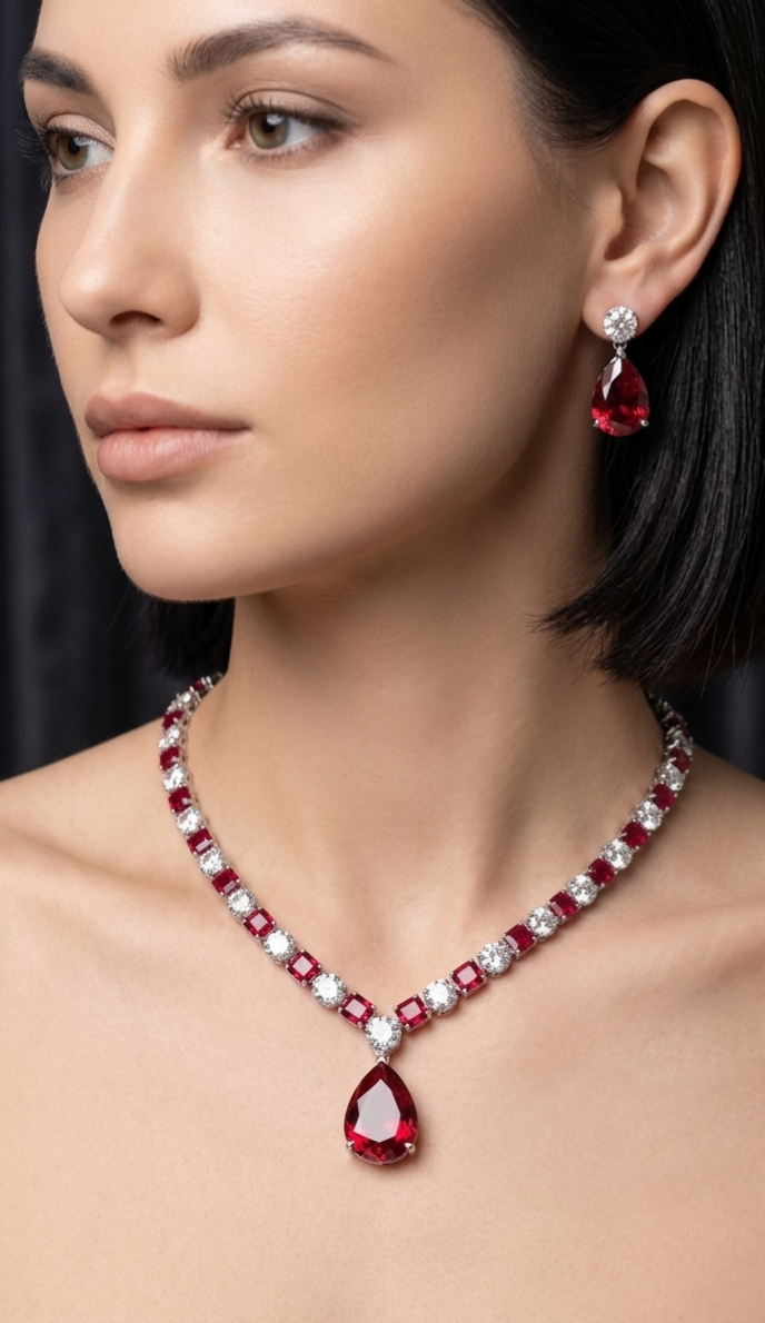 Premium Brass Casting Ruby AD CZ Jewellery Set with Long Lasting Shine for Everyday Luxury