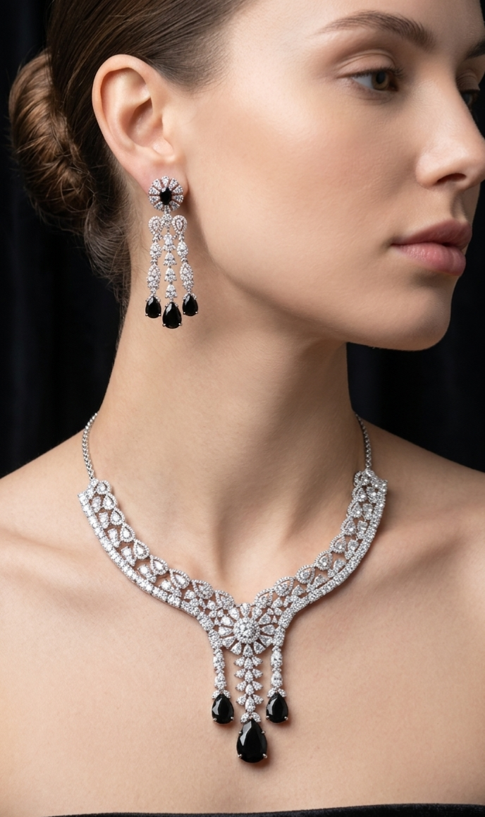 Premium Brass Casting Sapphire AD CZ Jewellery Set with Long Lasting Shine for Everyday Luxury