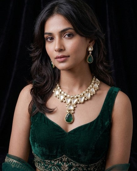 Luxury green AD Kundan ethnic statement necklace set with earrings.