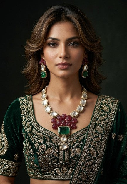 Luxury ruby emerald Kundan ethnic statement jewelry set with designer earrings.