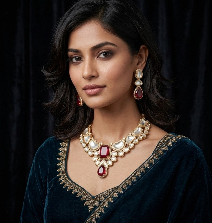Luxury ruby red AD Kundan ethnic statement necklace set with designer earrings.