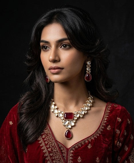 Luxury ruby red AD Kundan ethnic statement necklace set with designer earrings.