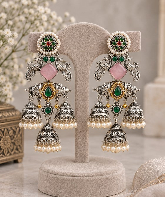 Rajeshwari Premium North Indian oxidized silver-look brass jhumka earrings