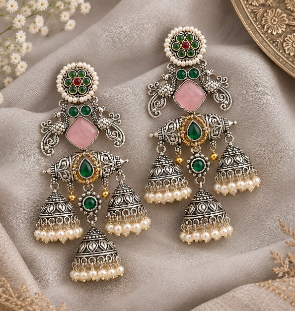 Rajeshwari Premium oxidized silver-look North Indian jhumka earrings front view