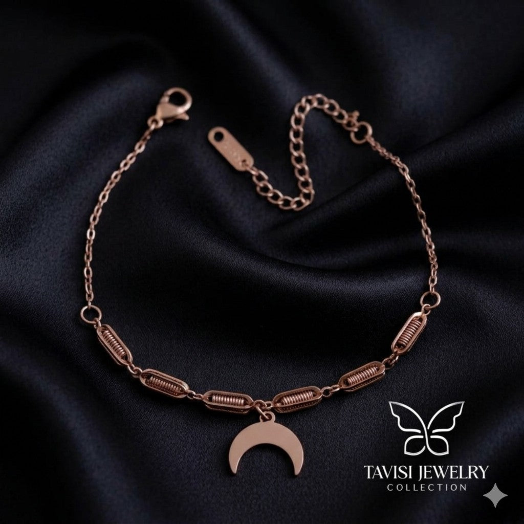 Rose Gold Crescent Moon Chain Bracelet display shot - Tavisi Jewelry Collection