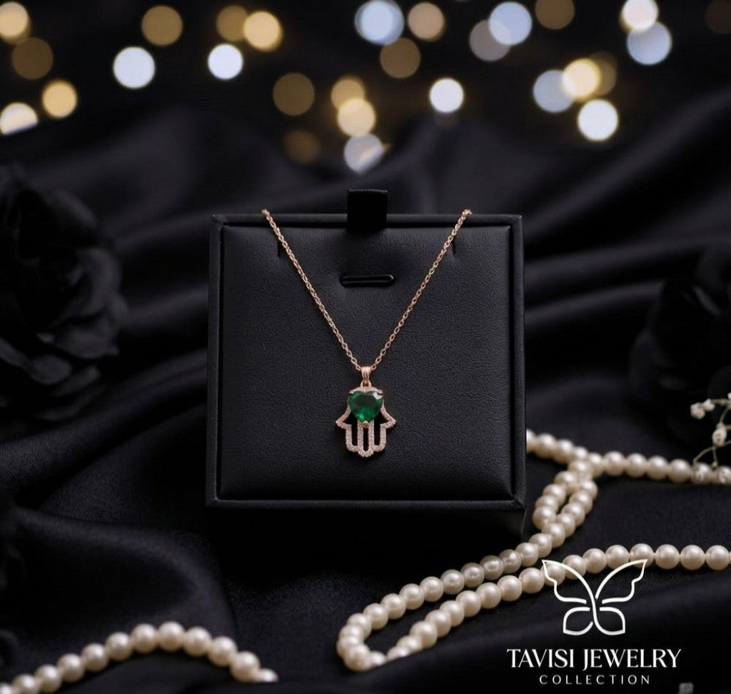 Rose Gold Hamsa Heart Green Stone Pendant Necklace with CZ detailing - Tavisi Jewelry Collection