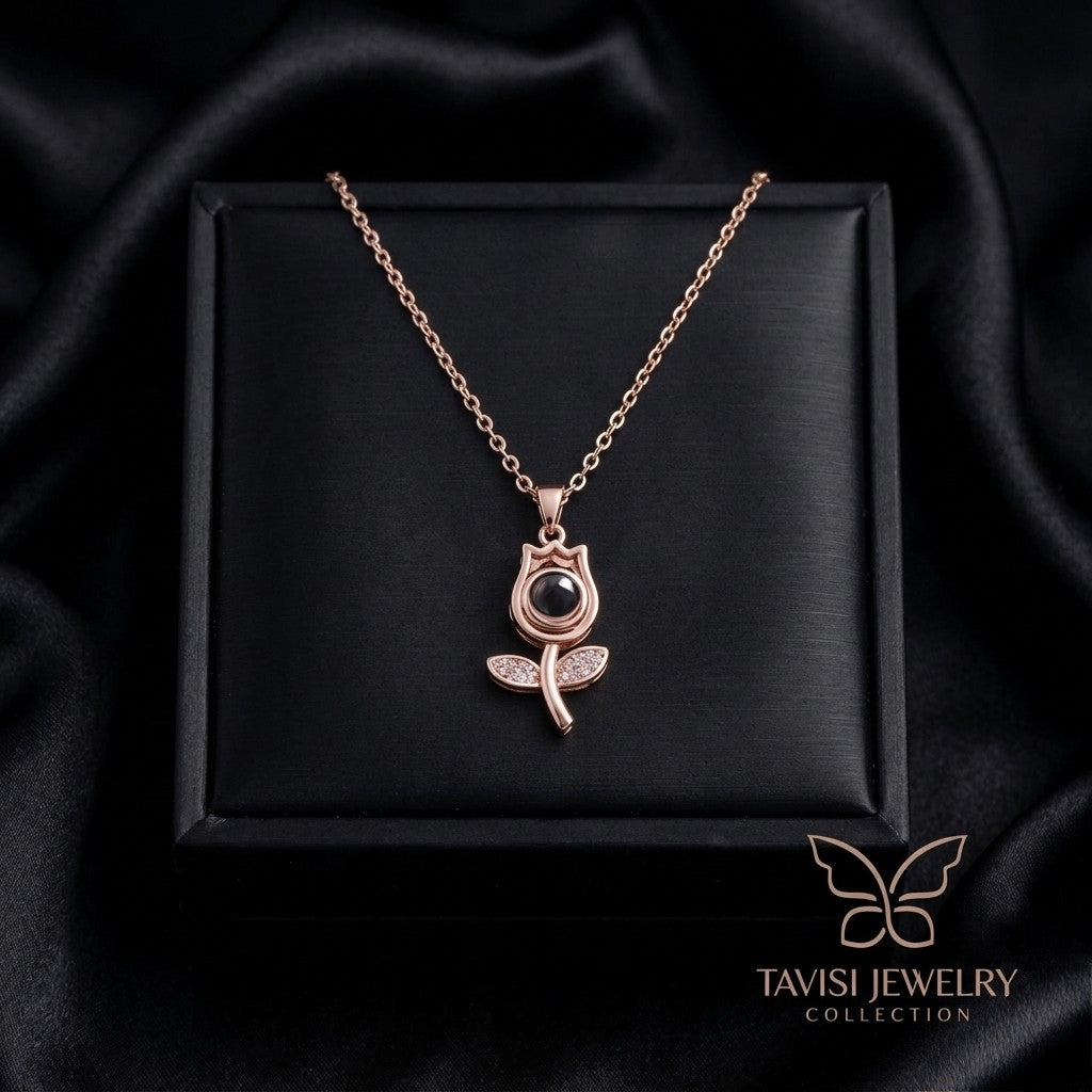 Rose Gold Tulip Pearl Pendant Necklace with CZ leaf detailing - Tavisi Jewelry Collection