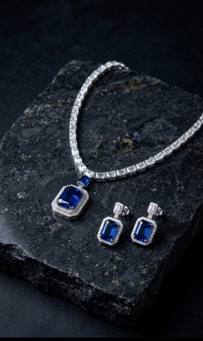 Royal Blue AD CZ Stone Necklace Earrings Set for Wedding Wear