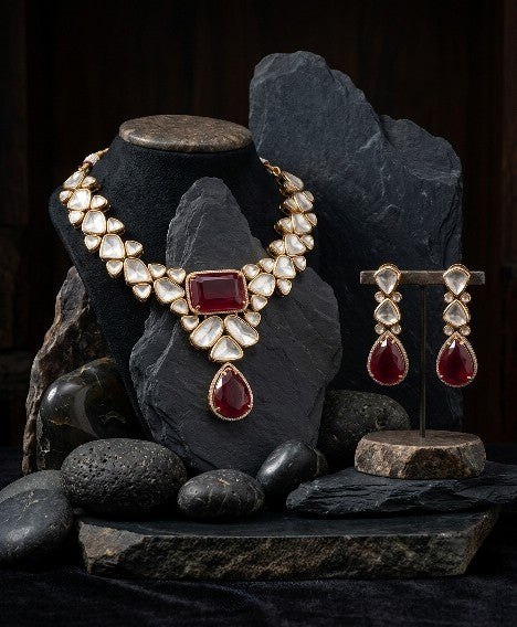 Premium brass ruby red AD Kundan statement necklace front view.