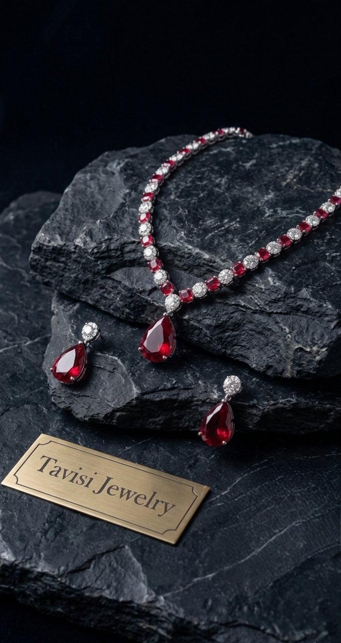 Ruby Red and White AD CZ Stone Necklace Earrings Set for Women