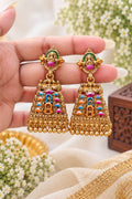 Saanvi premium brass Lakshmi temple jhumka earrings with green enamel and multicolour detailing