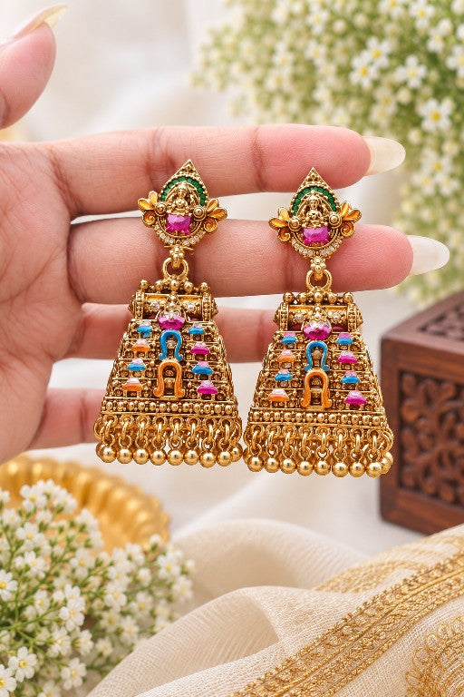 Saanvi premium brass Lakshmi temple jhumka earrings with green enamel and multicolour detailing
