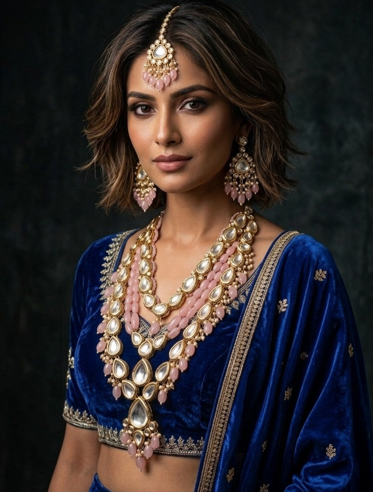 Model wearing Sabyasachi inspired pink Kundan bridal necklace set.