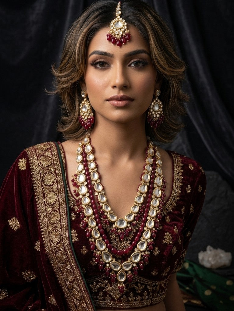 Luxury Sabyasachi inspired maroon bridal jewelry set for weddings.