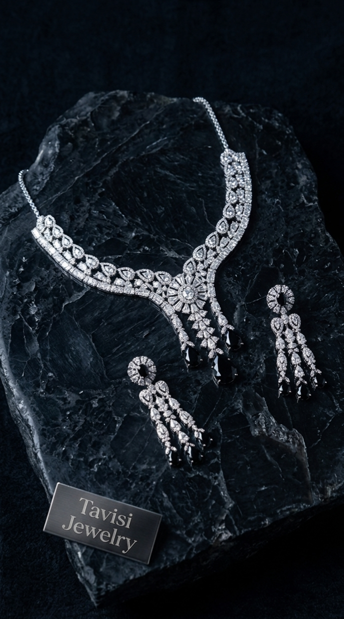 Sapphire Blue and White AD CZ Stone Necklace Earrings Set for Women
