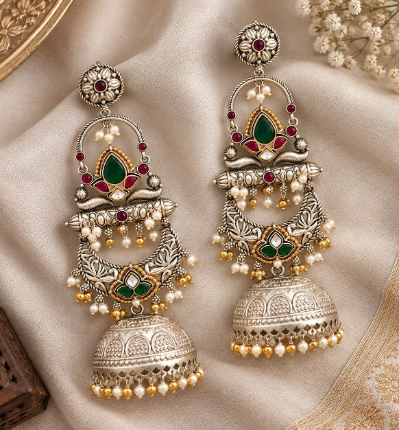 Shravya premium dual tone Kashmiri jhumka earrings front view
