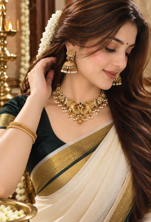 Shriya premium brass Antique Gold Kundan necklace with pearl detailing and traditional elephant design