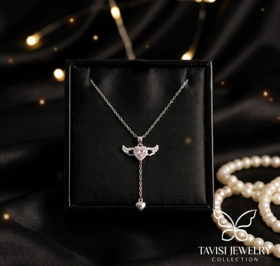 Silver Pink Heart Drop Pendant with CZ stones in black display box - Tavisi Jewelry Collection