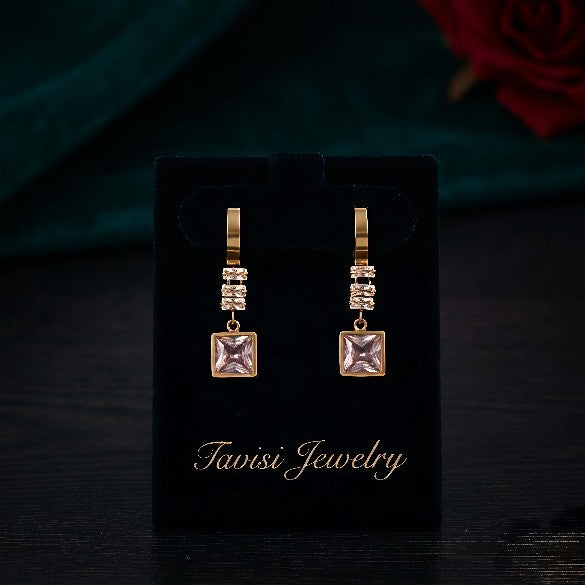 Tavisi square CZ gold drop earrings with cubic zirconia stones and 22k gold plated anti tarnish stainless steel finish for women