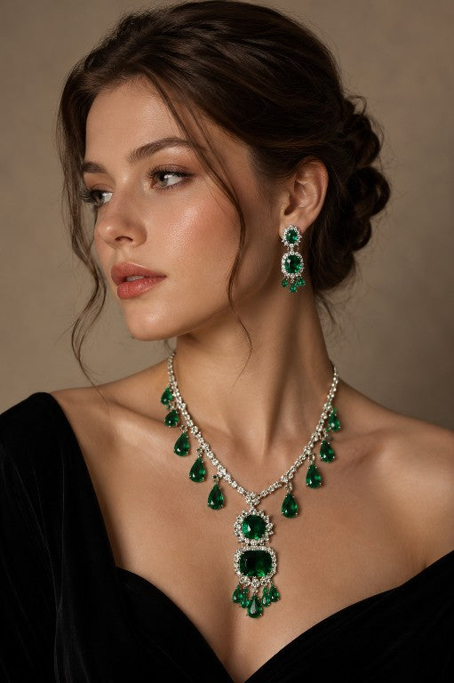 Tavisi premium AD American Diamond green stone necklace and earrings set with elegant luxury jewelry design