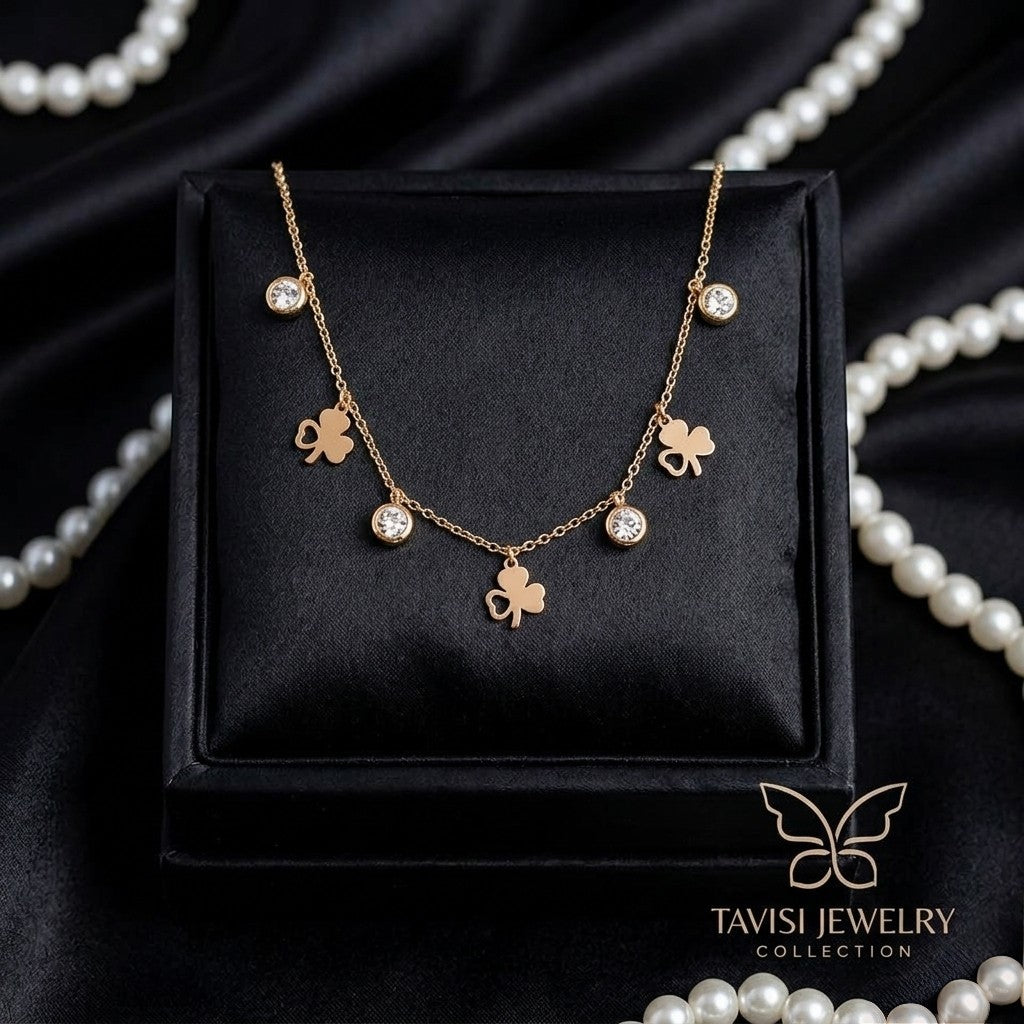 Tavisi Amara Gold Clover Charm Tanmaniya Necklace crafted with 316L premium surgical stainless steel and 22K anti tarnish luxury finish 
