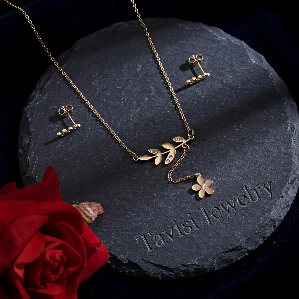 Premium Tavisi leaf design necklace and earring set waterproof 316L stainless steel jewellery with long lasting shine