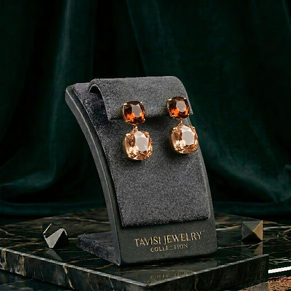 Tavisi Amber Blush dual stone drop earrings with 22K gold plating and anti tarnish finish for women