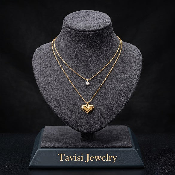 Tavisi Amora Dual Layer Necklace featuring a crystal accent and gold heart pendant with anti tarnish long lasting stainless steel chain