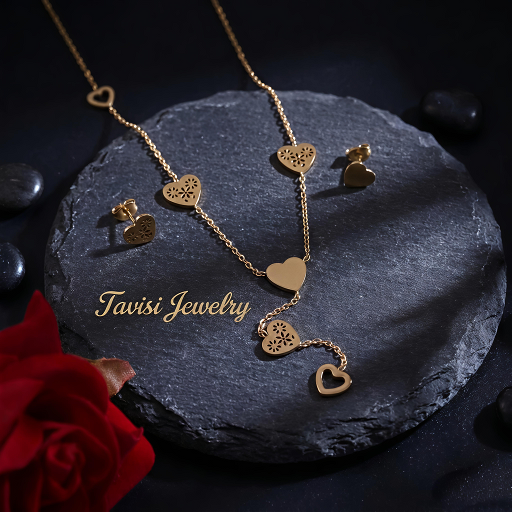 Luxury Tavisi heart charm necklace and earring set waterproof 316L stainless steel jewellery
